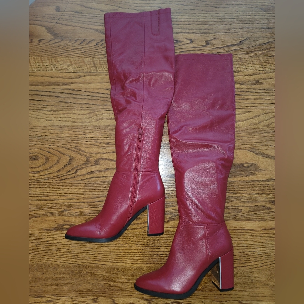 NWOT Nine West Fire Red Genuine Leather Wingito Knee-High Tall Shoes Boots